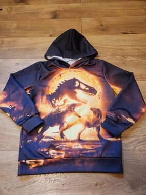 Kids Dinosaur Hoodie Pullover - Orange and Navy 9-10yrs